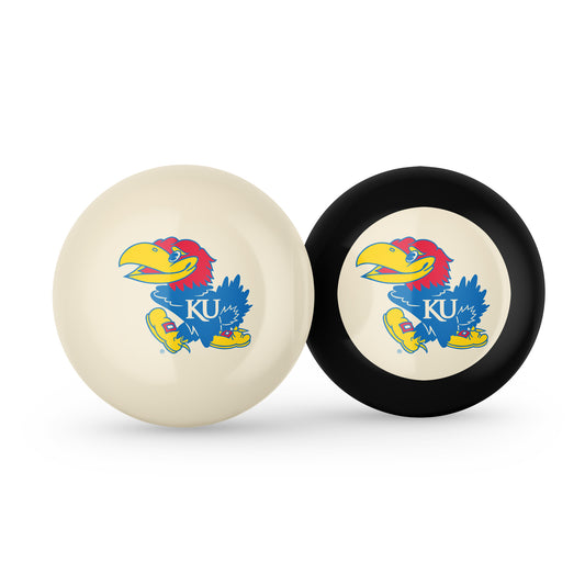 Buy Official Kansas-Jayhawks-Pool-Cue-8-Ball-Set Regulation Pool Table Cue Ball and 8-Ball Combo Set - Premium Collegiate Billiards Pack Front View