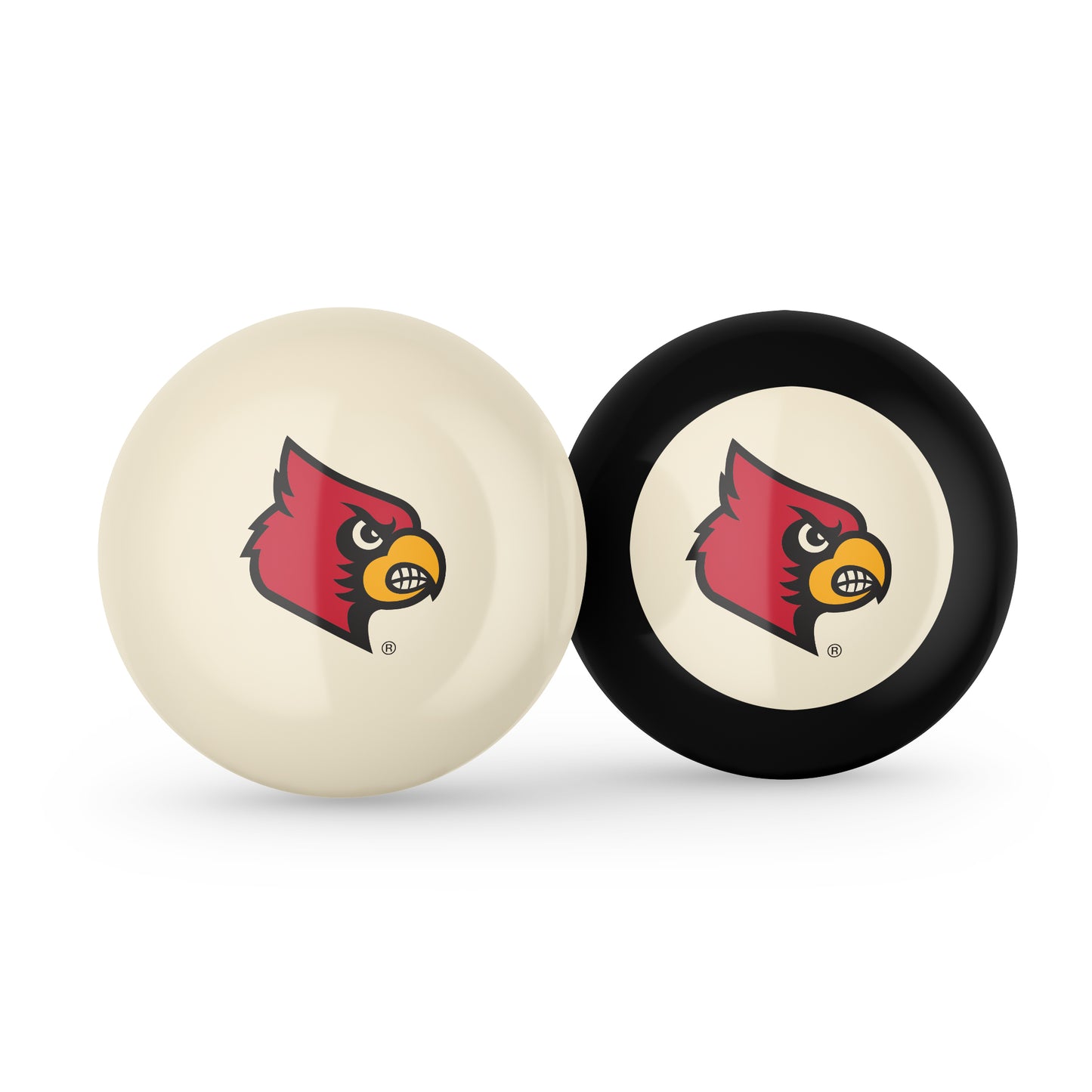 Buy Official Louisville-Cardinals-Pool-Cue-8-Ball-Set Regulation Pool Table Cue Ball and 8-Ball Combo Set - Premium Collegiate Billiards Pack Front View