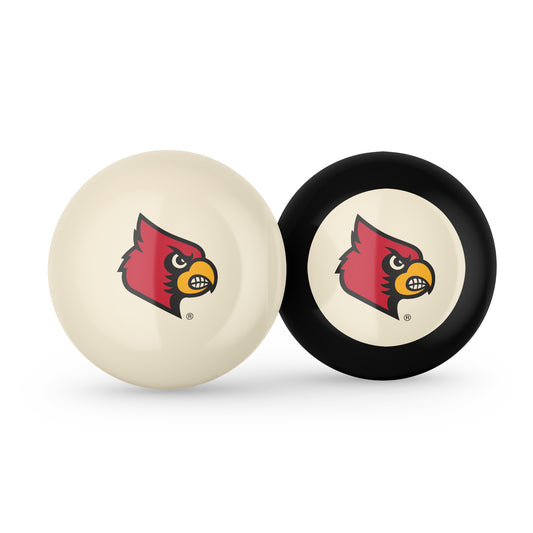Buy Official Louisville-Cardinals-Pool-Cue-8-Ball-Set Regulation Pool Table Cue Ball and 8-Ball Combo Set - Premium Collegiate Billiards Pack Front View