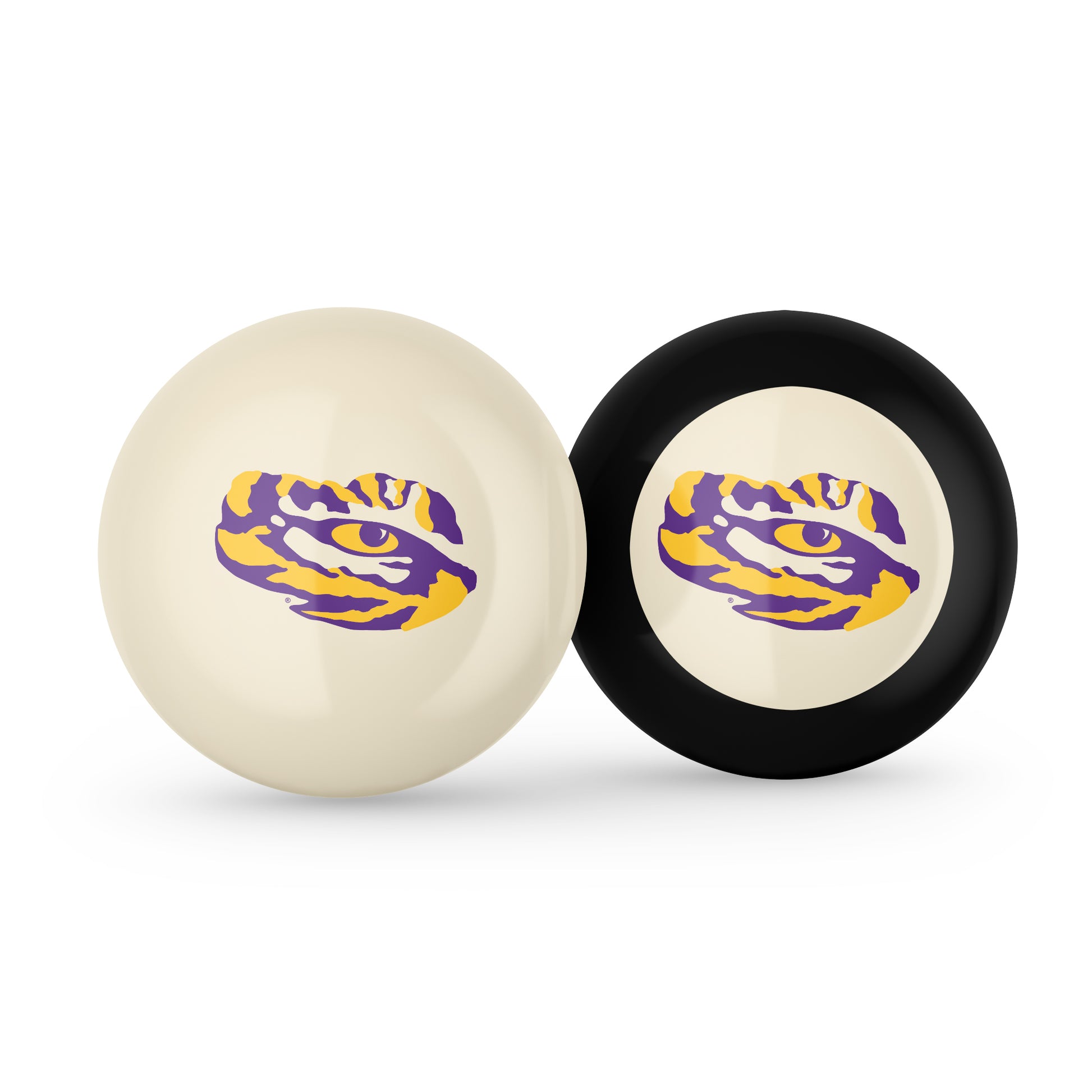 Buy Official Lsu-Tigers-Pool-Cue-8-Ball-Set Regulation Pool Table Cue Ball and 8-Ball Combo Set - Premium Collegiate Billiards Pack Front View
