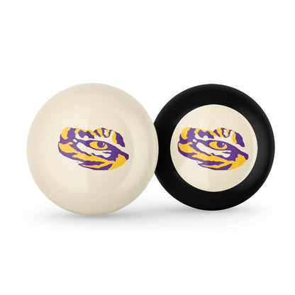 Buy Official Lsu-Tigers-Pool-Cue-8-Ball-Set Regulation Pool Table Cue Ball and 8-Ball Combo Set - Premium Collegiate Billiards Pack Front View