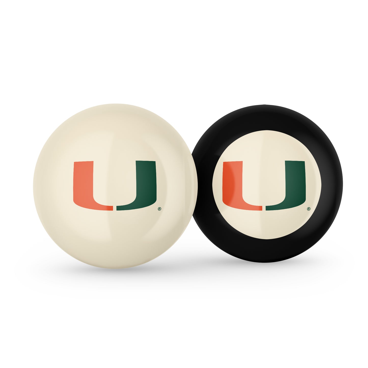 Buy Official Miami-Hurricanes-Pool-Cue-8-Ball-Set Regulation Pool Table Cue Ball and 8-Ball Combo Set - Premium Collegiate Billiards Pack Front View