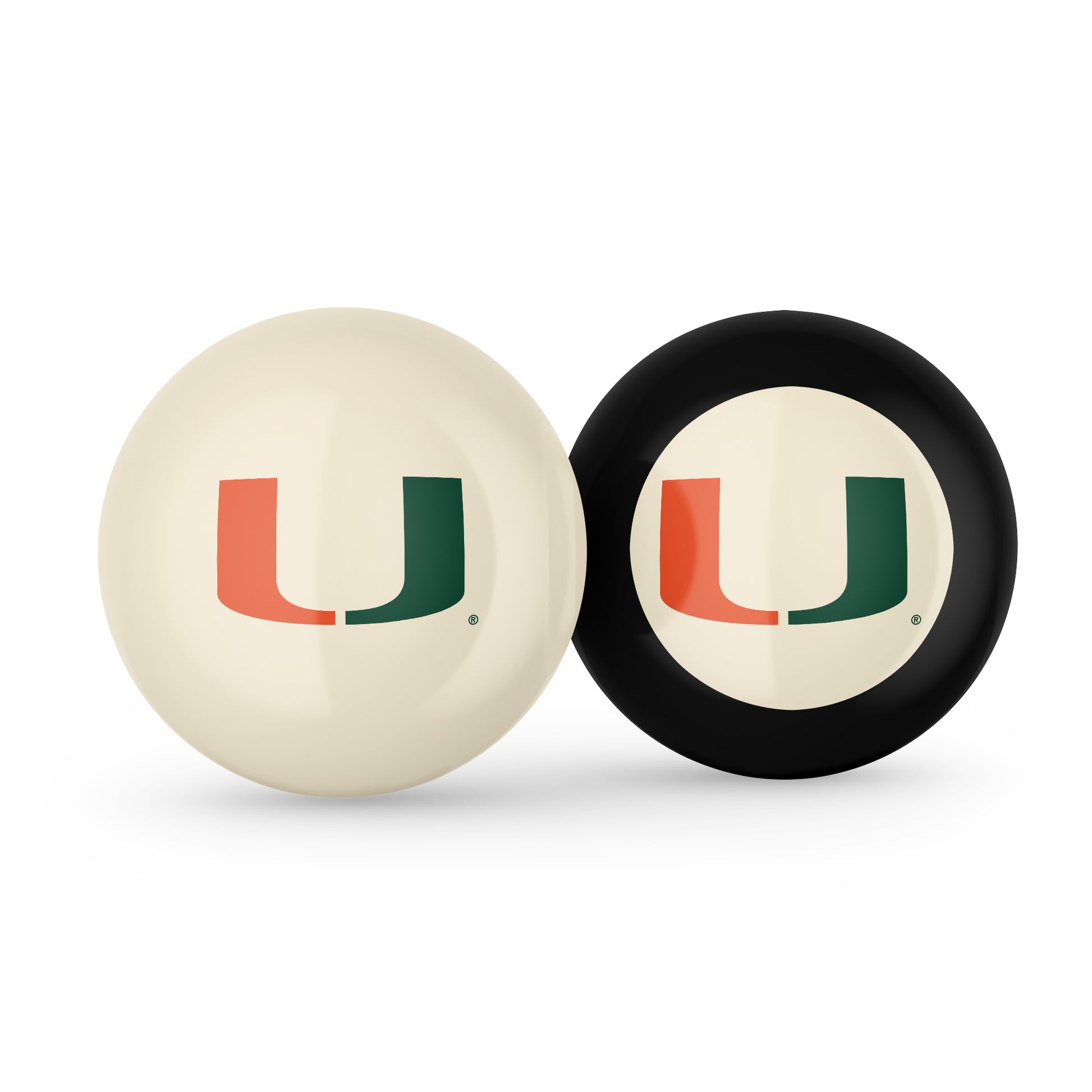 Buy Official Miami-Hurricanes-Pool-Cue-8-Ball-Set Regulation Pool Table Cue Ball and 8-Ball Combo Set - Premium Collegiate Billiards Pack Front View