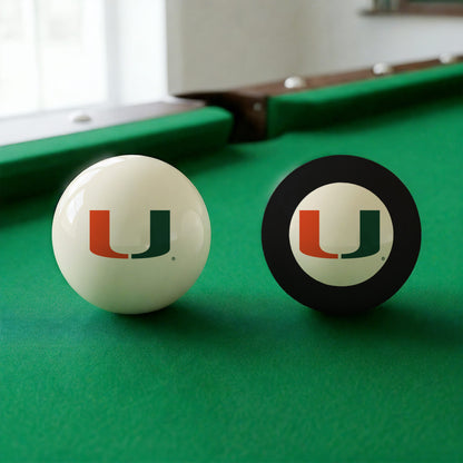 Official Miami-Hurricanes-Pool-Cue-8-Ball-Set College Cue Ball and 8-Ball Set Displayed Together on Green Felt Pool Table Surface