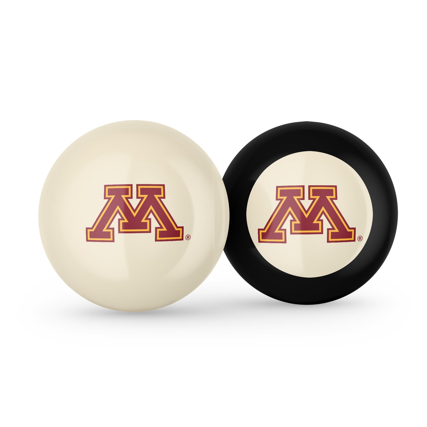 Buy Official Minnesota-Golden-Gophers-Pool-Cue-8-Ball-Set Regulation Pool Table Cue Ball and 8-Ball Combo Set - Premium Collegiate Billiards Pack Front View