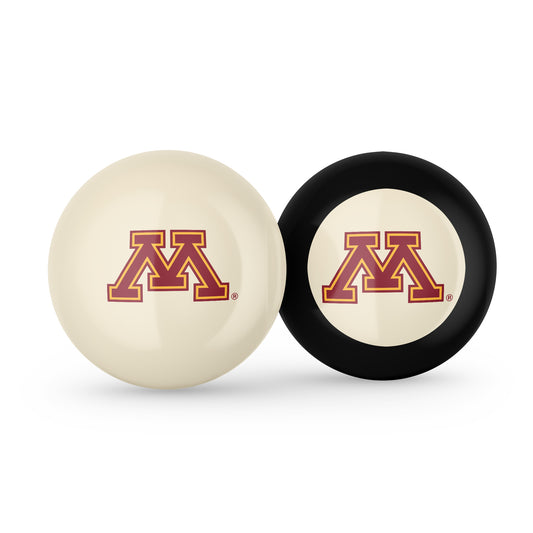 Buy Official Minnesota-Golden-Gophers-Pool-Cue-8-Ball-Set Regulation Pool Table Cue Ball and 8-Ball Combo Set - Premium Collegiate Billiards Pack Front View