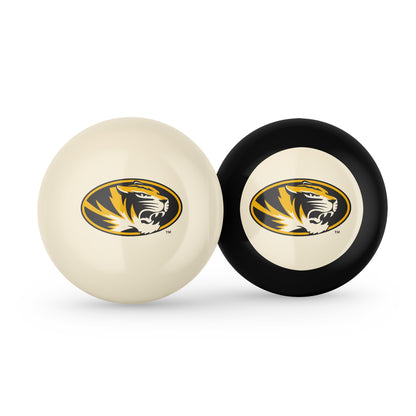 Buy Official Missouri-Tigers-Pool-Cue-8-Ball-Set Regulation Pool Table Cue Ball and 8-Ball Combo Set - Premium Collegiate Billiards Pack Front View