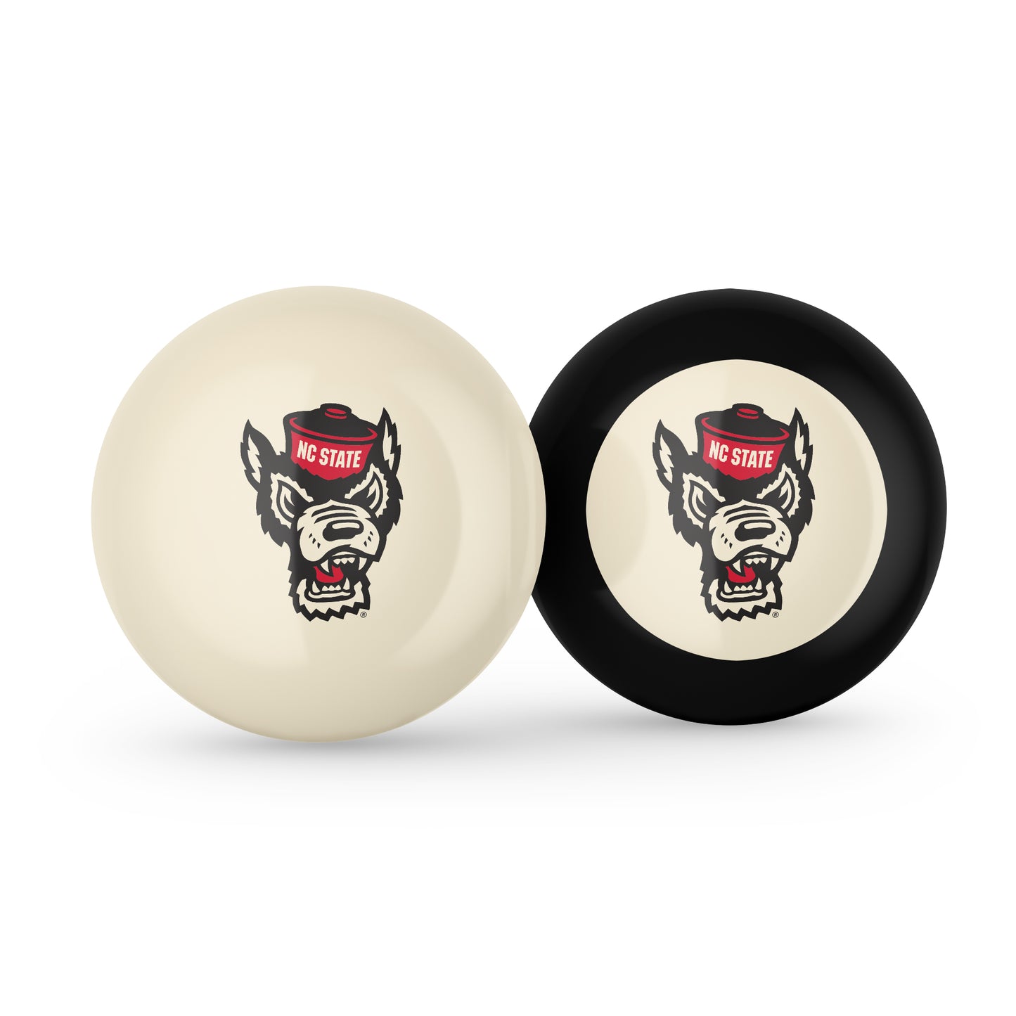 Buy Official Nc-State-Wolfpack-Pool-Cue-8-Ball-Set Regulation Pool Table Cue Ball and 8-Ball Combo Set - Premium Collegiate Billiards Pack Front View