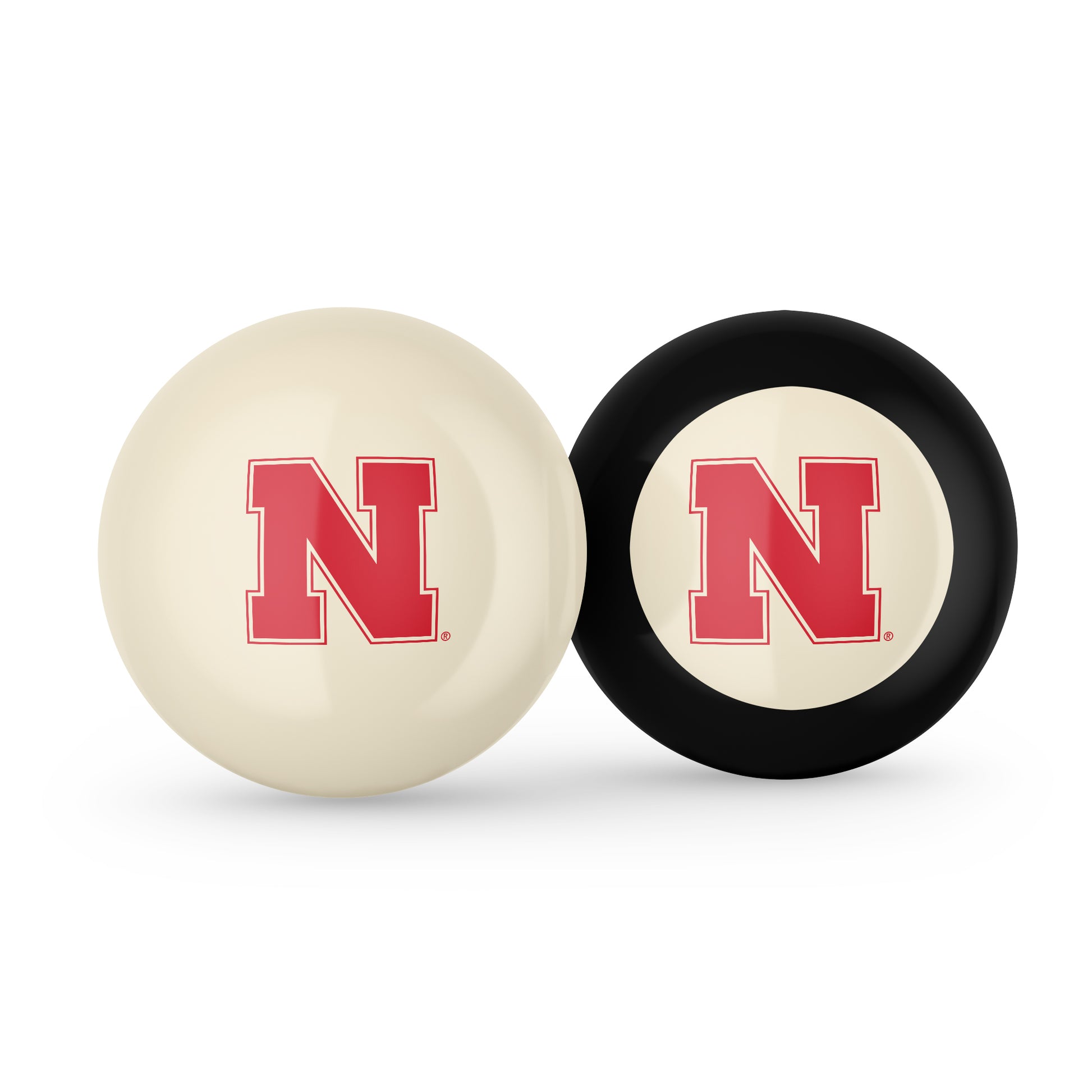 Buy Official Nebraska-Cornhuskers-Pool-Cue-8-Ball-Set Regulation Pool Table Cue Ball and 8-Ball Combo Set - Premium Collegiate Billiards Pack Front View