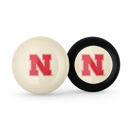 Buy Official Nebraska-Cornhuskers-Pool-Cue-8-Ball-Set Regulation Pool Table Cue Ball and 8-Ball Combo Set - Premium Collegiate Billiards Pack Front View