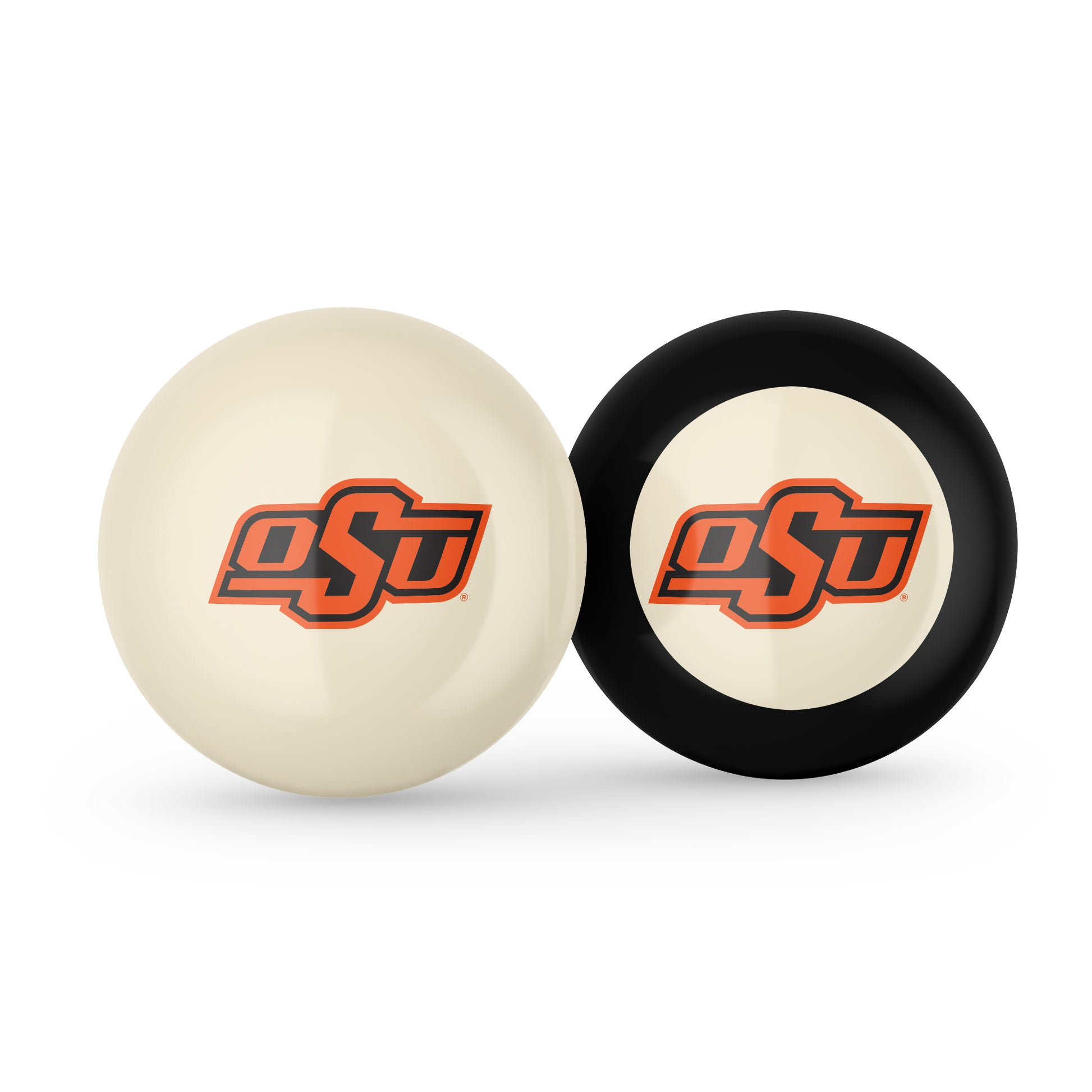 Buy Official Oklahoma-State-Cowboys-Pool-Cue-8-Ball-Set Regulation Pool Table Cue Ball and 8-Ball Combo Set - Premium Collegiate Billiards Pack Front View