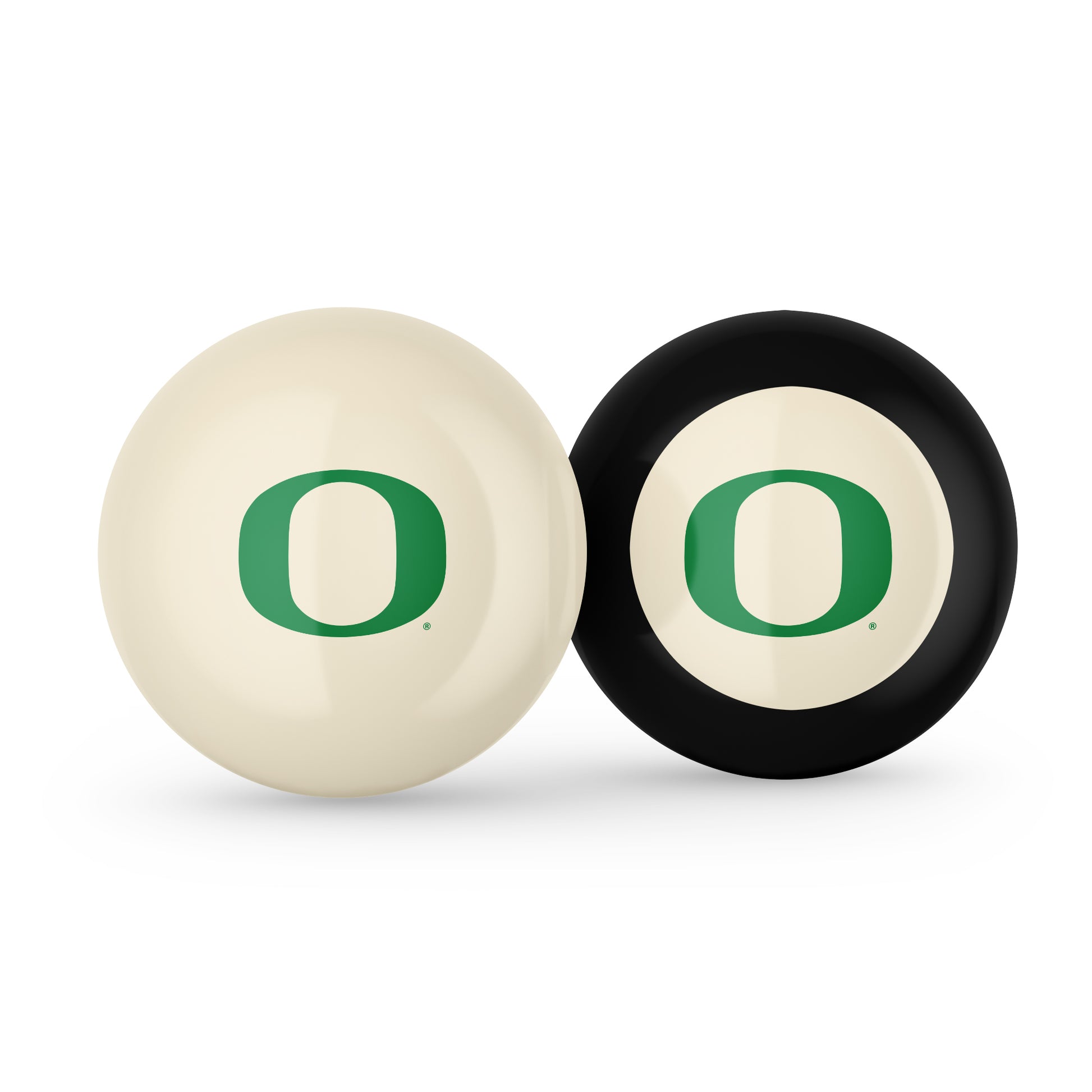 Buy Official Oregon-Ducks-Pool-Cue-8-Ball-Set Regulation Pool Table Cue Ball and 8-Ball Combo Set - Premium Collegiate Billiards Pack Front View