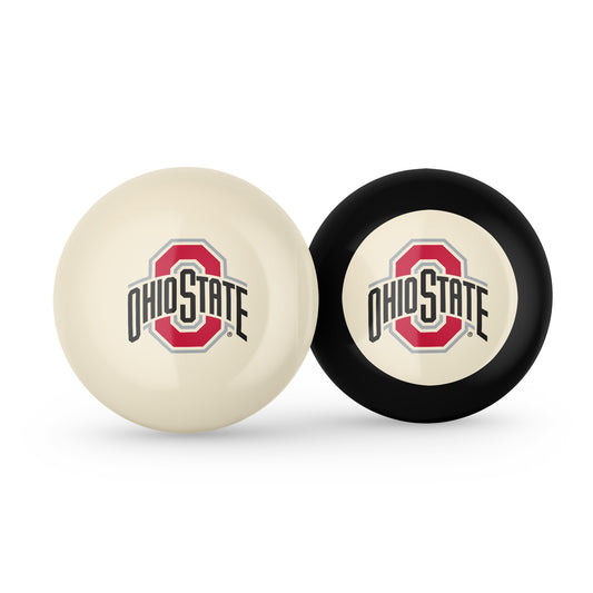 Buy Official Ohio-State-Buckeyes-Pool-Cue-8-Ball-Set Regulation Pool Table Cue Ball and 8-Ball Combo Set - Premium Collegiate Billiards Pack Front View