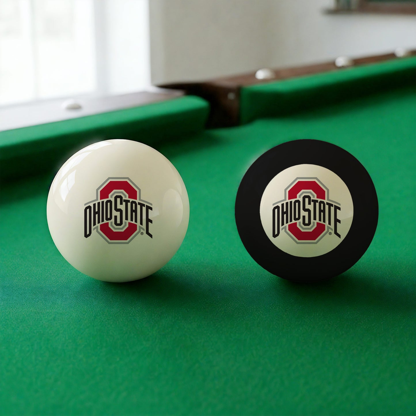 Official Ohio-State-Buckeyes-Pool-Cue-8-Ball-Set College Cue Ball and 8-Ball Set Displayed Together on Green Felt Pool Table Surface