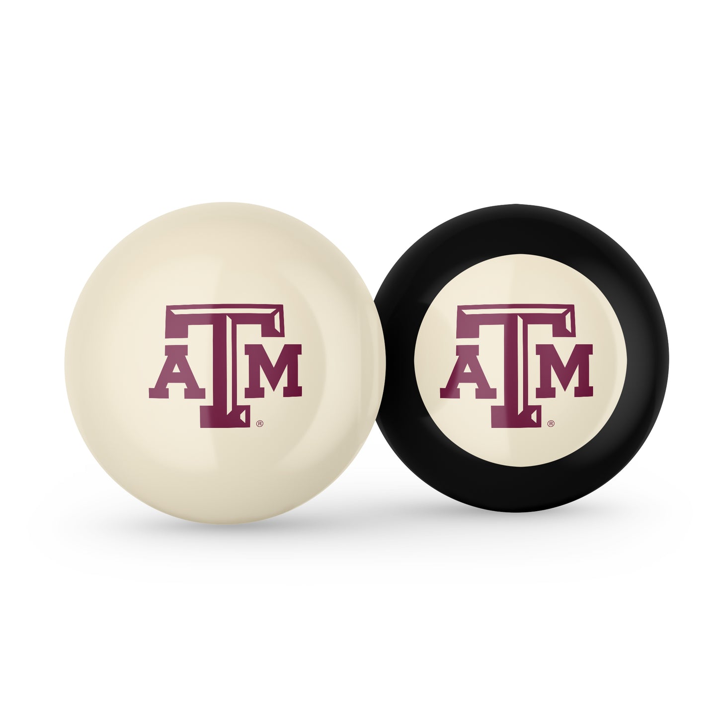 Buy Official Texas-Am-Aggies-Pool-Cue-8-Ball-Set Regulation Pool Table Cue Ball and 8-Ball Combo Set - Premium Collegiate Billiards Pack Front View