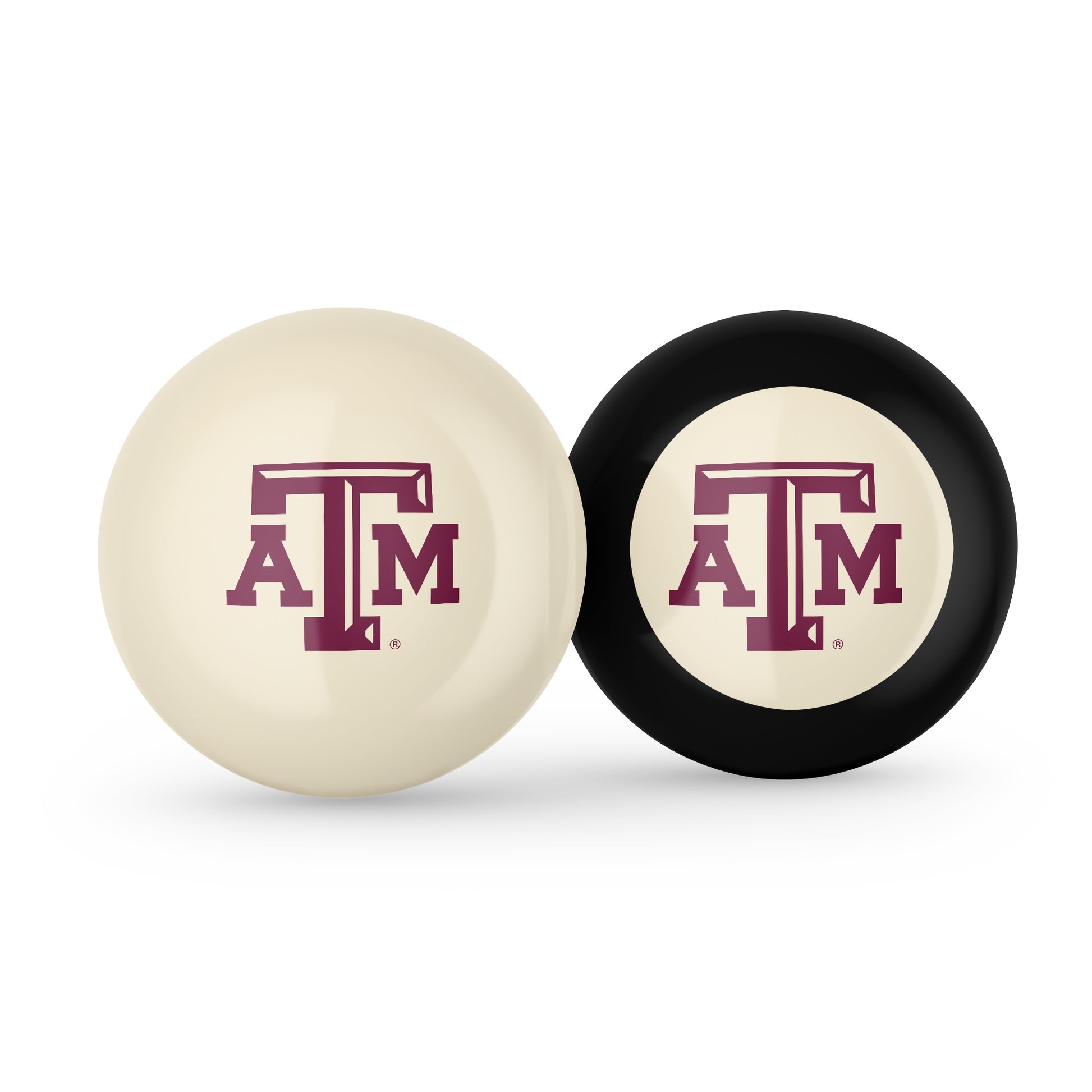 Buy Official Texas-Am-Aggies-Pool-Cue-8-Ball-Set Regulation Pool Table Cue Ball and 8-Ball Combo Set - Premium Collegiate Billiards Pack Front View