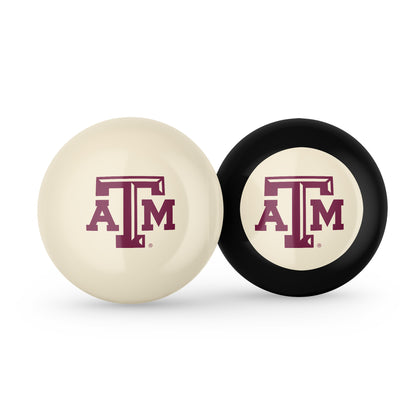 Buy Official Texas-Am-Aggies-Pool-Cue-8-Ball-Set Regulation Pool Table Cue Ball and 8-Ball Combo Set - Premium Collegiate Billiards Pack Front View