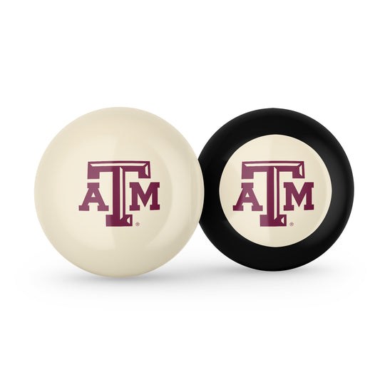 Buy Official Texas-Am-Aggies-Pool-Cue-8-Ball-Set Regulation Pool Table Cue Ball and 8-Ball Combo Set - Premium Collegiate Billiards Pack Front View