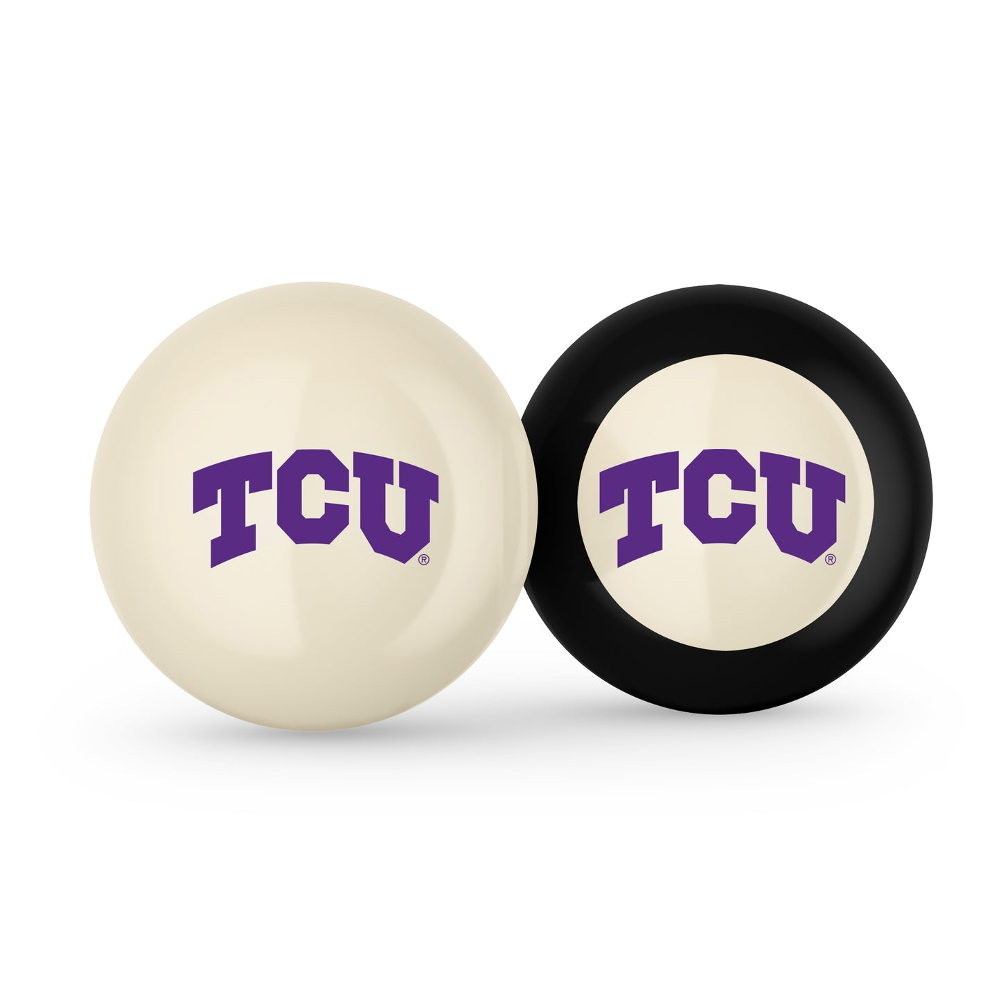 Buy Official Tcu-Horned-Frogs-Pool-Cue-8-Ball-Set Regulation Pool Table Cue Ball and 8-Ball Combo Set - Premium Collegiate Billiards Pack Front View