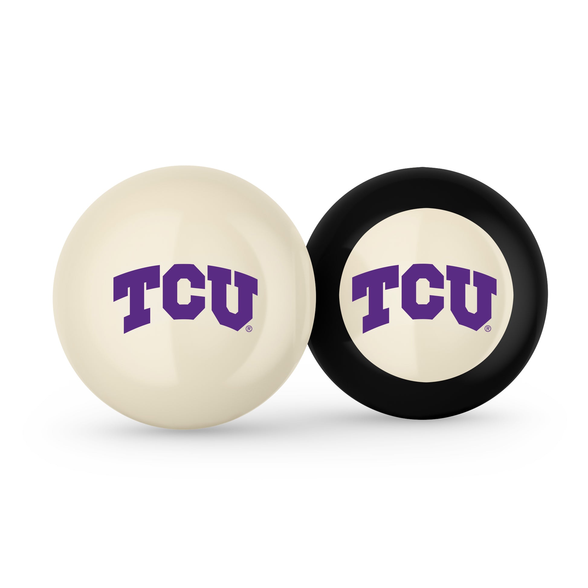 Buy Official Tcu-Horned-Frogs-Pool-Cue-8-Ball-Set Regulation Pool Table Cue Ball and 8-Ball Combo Set - Premium Collegiate Billiards Pack Front View