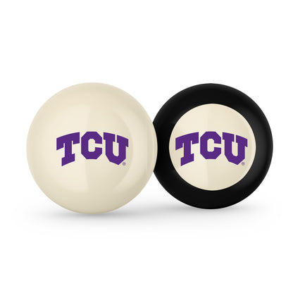 Buy Official Tcu-Horned-Frogs-Pool-Cue-8-Ball-Set Regulation Pool Table Cue Ball and 8-Ball Combo Set - Premium Collegiate Billiards Pack Front View