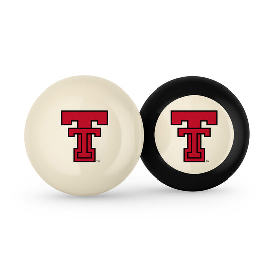 Buy Official Texas-Tech-Red-Raiders-Pool-Cue-8-Ball-Set Regulation Pool Table Cue Ball and 8-Ball Combo Set - Premium Collegiate Billiards Pack Front View