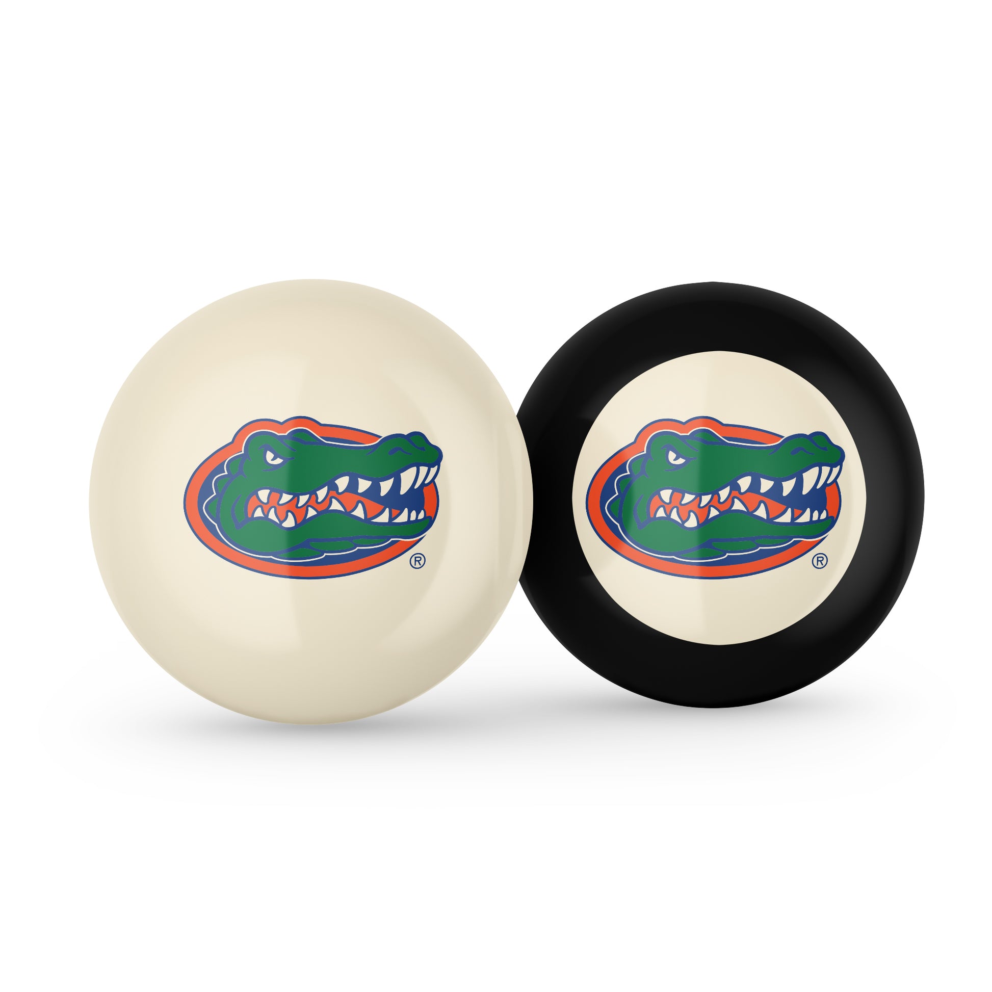 Buy Official Florida-Gators-Pool-Cue-8-Ball-Set Regulation Pool Table Cue Ball and 8-Ball Combo Set - Premium Collegiate Billiards Pack Front View
