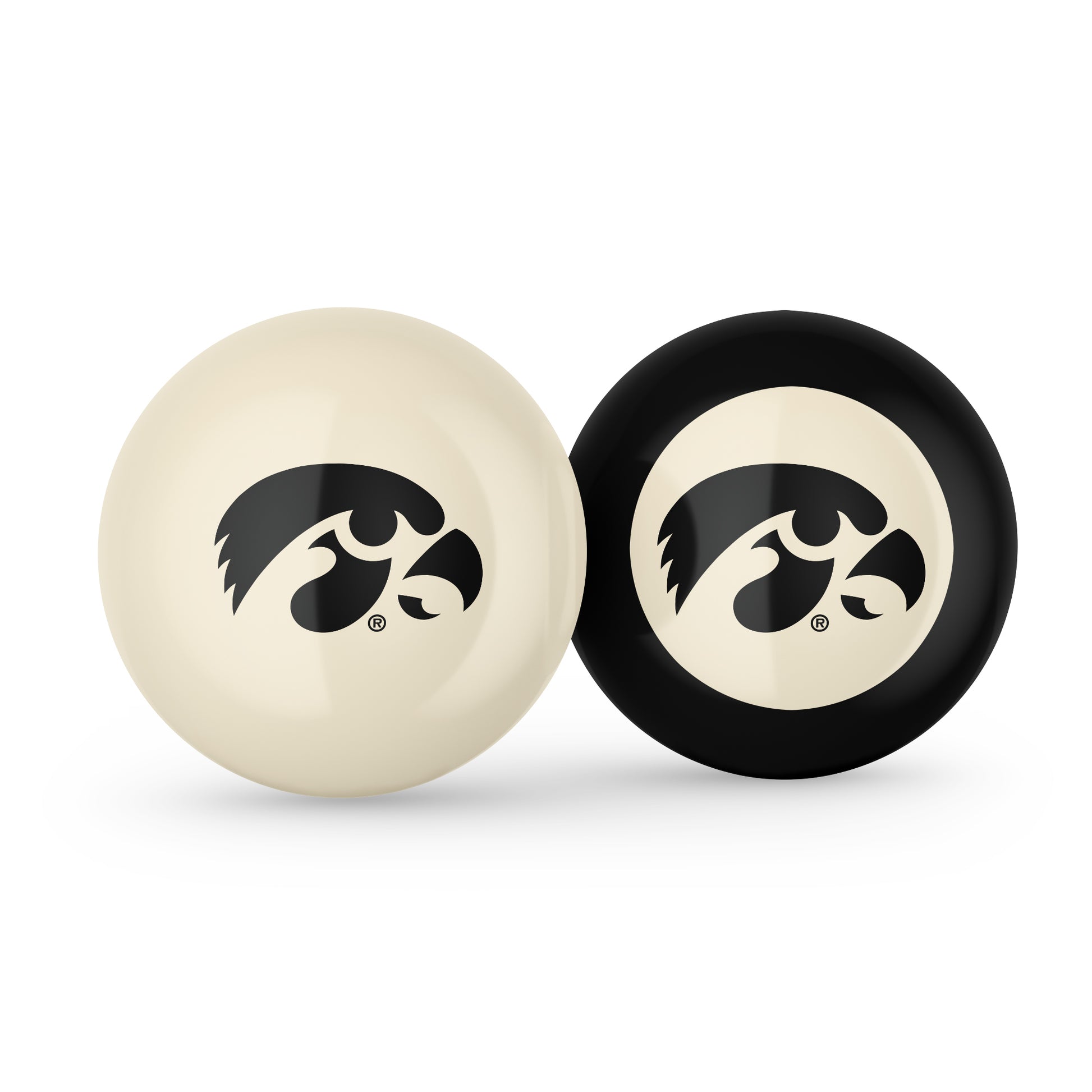 Buy Official Iowa-Hawkeyes-Pool-Cue-8-Ball-Set Regulation Pool Table Cue Ball and 8-Ball Combo Set - Premium Collegiate Billiards Pack Front View