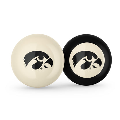 Buy Official Iowa-Hawkeyes-Pool-Cue-8-Ball-Set Regulation Pool Table Cue Ball and 8-Ball Combo Set - Premium Collegiate Billiards Pack Front View