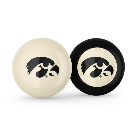 Buy Official Iowa-Hawkeyes-Pool-Cue-8-Ball-Set Regulation Pool Table Cue Ball and 8-Ball Combo Set - Premium Collegiate Billiards Pack Front View