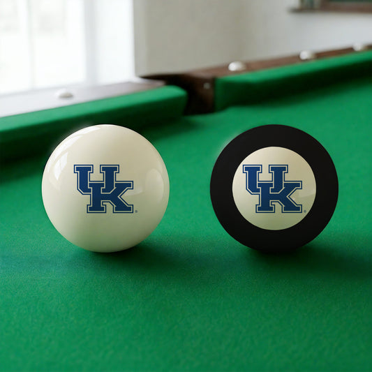 Official Kentucky-Wildcats-Pool-Cue-8-Ball-Set College Cue Ball and 8-Ball Set Displayed Together on Green Felt Pool Table Surface