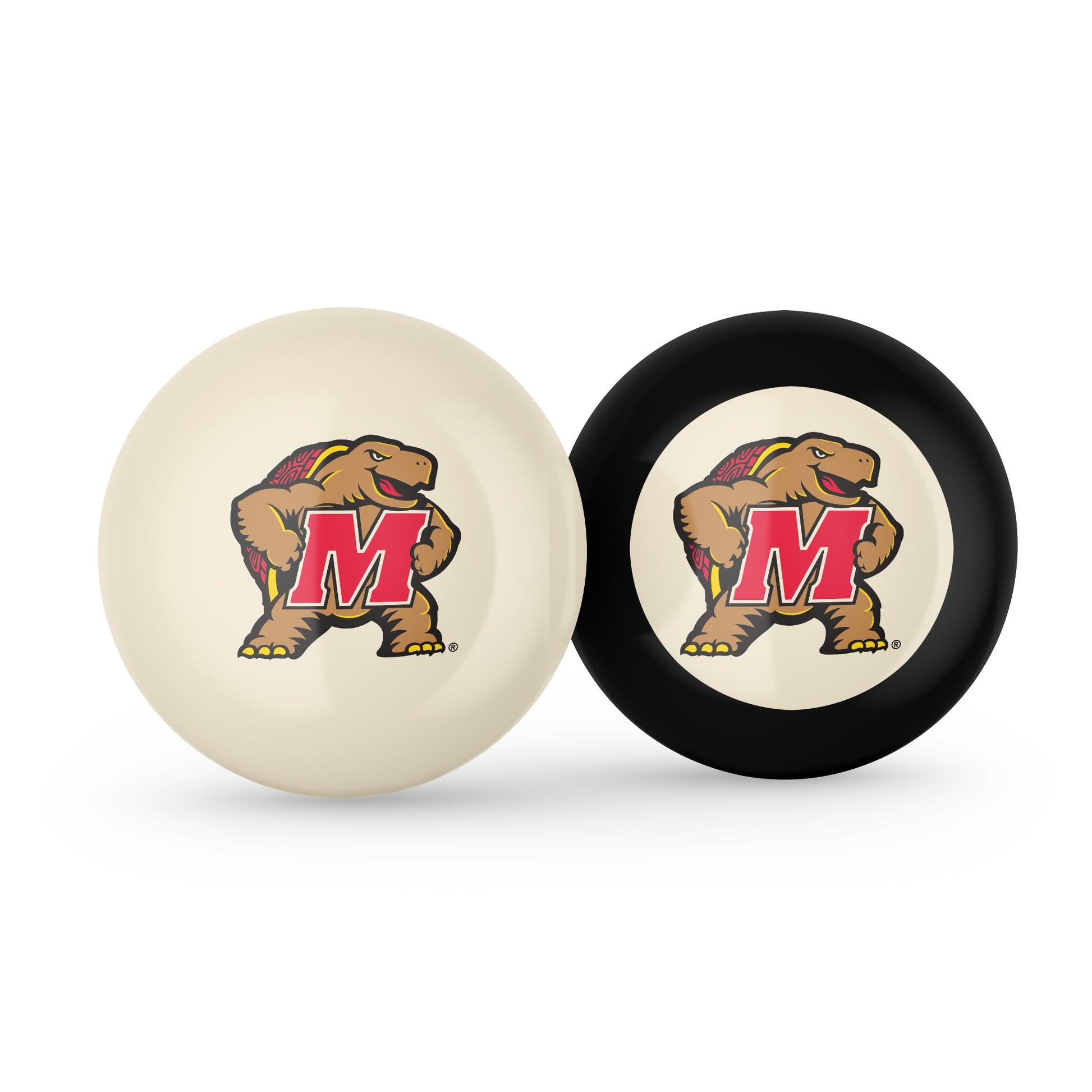 Buy Official Maryland-Terrapins-Pool-Cue-8-Ball-Set Regulation Pool Table Cue Ball and 8-Ball Combo Set - Premium Collegiate Billiards Pack Front View