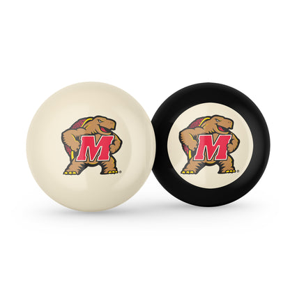 Buy Official Maryland-Terrapins-Pool-Cue-8-Ball-Set Regulation Pool Table Cue Ball and 8-Ball Combo Set - Premium Collegiate Billiards Pack Front View