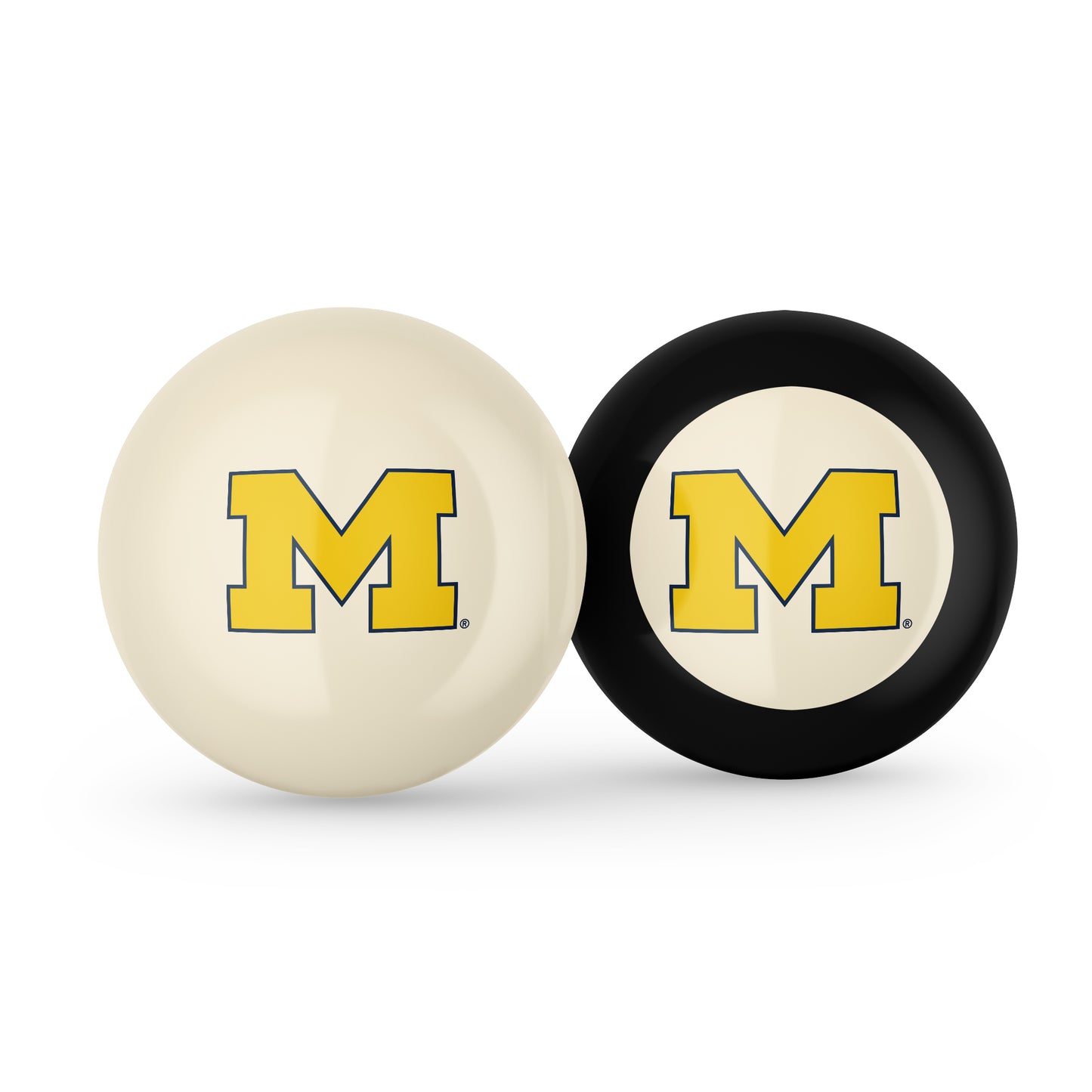 Buy Official Michigan-Wolverines-Pool-Cue-8-Ball-Set Regulation Pool Table Cue Ball and 8-Ball Combo Set - Premium Collegiate Billiards Pack Front View