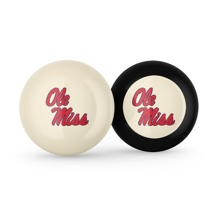 Buy Official Mississippi-Rebels-Pool-Cue-8-Ball-Set Regulation Pool Table Cue Ball and 8-Ball Combo Set - Premium Collegiate Billiards Pack Front View