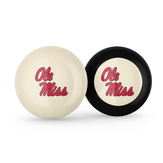 Buy Official Mississippi-Rebels-Pool-Cue-8-Ball-Set Regulation Pool Table Cue Ball and 8-Ball Combo Set - Premium Collegiate Billiards Pack Front View
