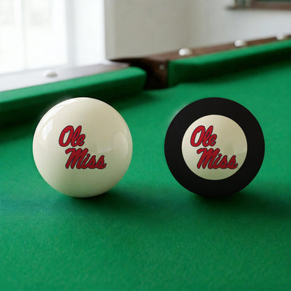 Official Mississippi-Rebels-Pool-Cue-8-Ball-Set College Cue Ball and 8-Ball Set Displayed Together on Green Felt Pool Table Surface