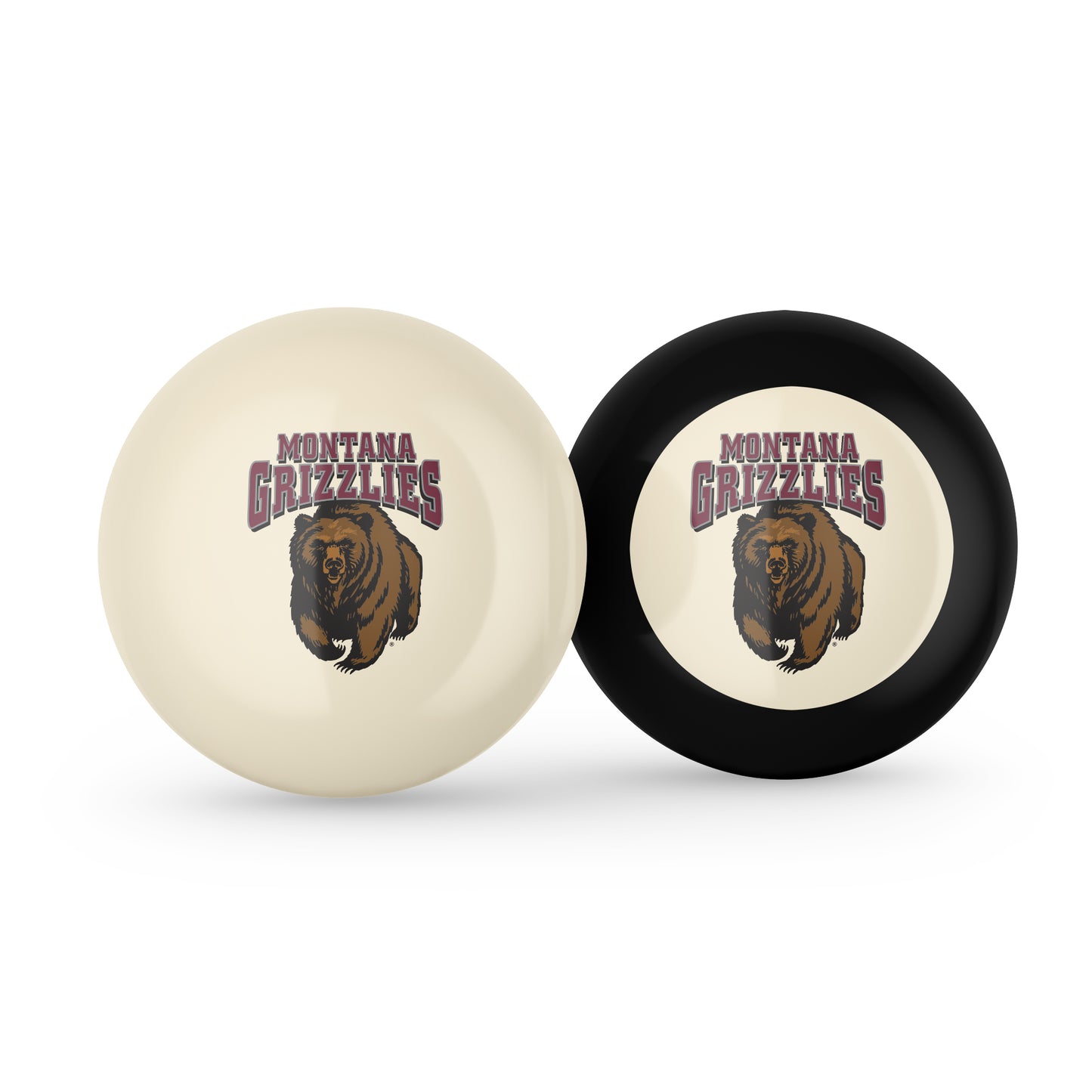 Buy Official Montana-Grizzlies-Pool-Cue-8-Ball-Set Regulation Pool Table Cue Ball and 8-Ball Combo Set - Premium Collegiate Billiards Pack Front View