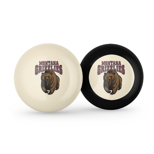 Buy Official Montana-Grizzlies-Pool-Cue-8-Ball-Set Regulation Pool Table Cue Ball and 8-Ball Combo Set - Premium Collegiate Billiards Pack Front View