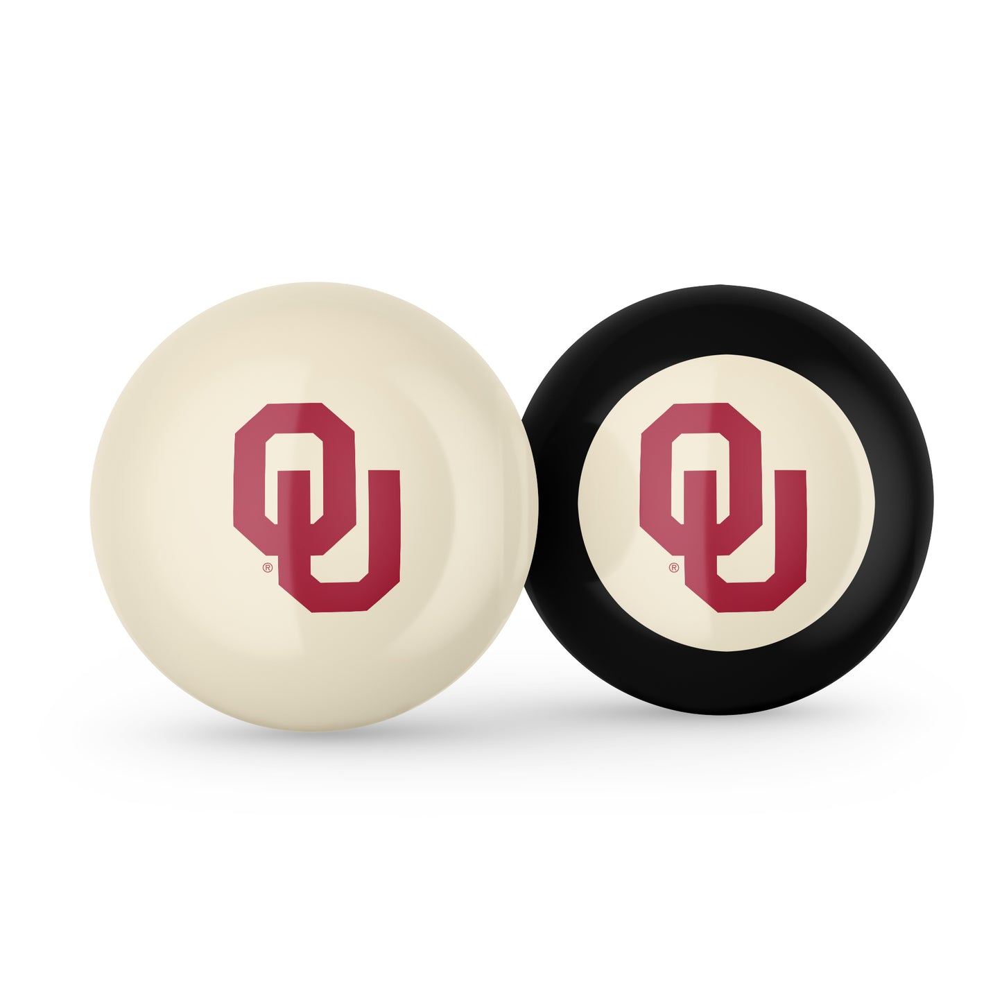 Buy Official Oklahoma-Sooners-Pool-Cue-8-Ball-Set Regulation Pool Table Cue Ball and 8-Ball Combo Set - Premium Collegiate Billiards Pack Front View