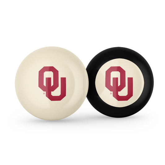 Buy Official Oklahoma-Sooners-Pool-Cue-8-Ball-Set Regulation Pool Table Cue Ball and 8-Ball Combo Set - Premium Collegiate Billiards Pack Front View