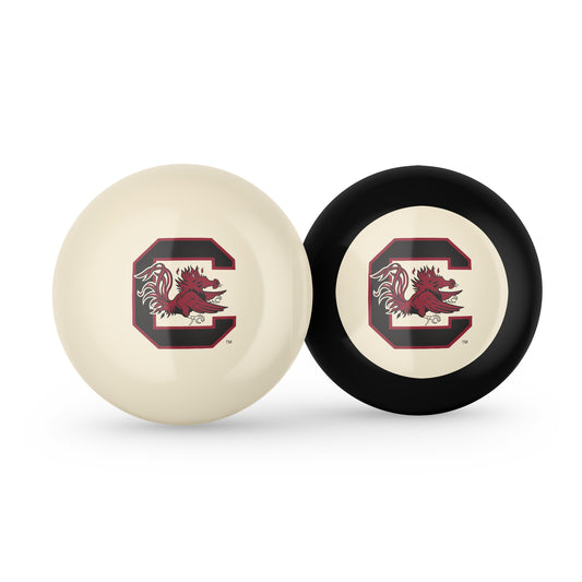Buy Official South-Carolina-Gamecocks-Pool-Cue-8-Ball-Set Regulation Pool Table Cue Ball and 8-Ball Combo Set - Premium Collegiate Billiards Pack Front View