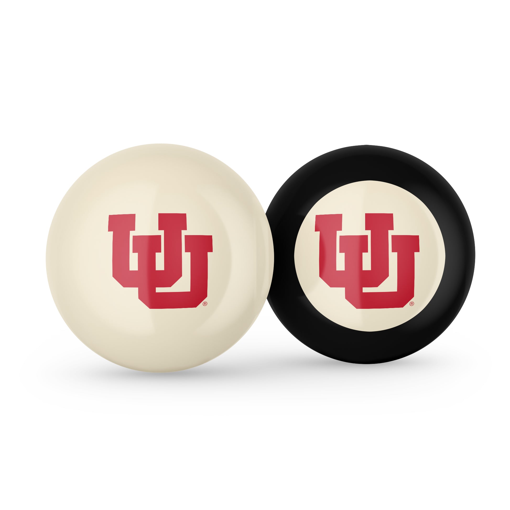 Buy Official Utah-Utes-Pool-Cue-8-Ball-Set Regulation Pool Table Cue Ball and 8-Ball Combo Set - Premium Collegiate Billiards Pack Front View
