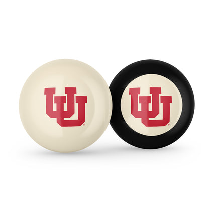 Buy Official Utah-Utes-Pool-Cue-8-Ball-Set Regulation Pool Table Cue Ball and 8-Ball Combo Set - Premium Collegiate Billiards Pack Front View