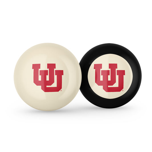 Buy Official Utah-Utes-Pool-Cue-8-Ball-Set Regulation Pool Table Cue Ball and 8-Ball Combo Set - Premium Collegiate Billiards Pack Front View