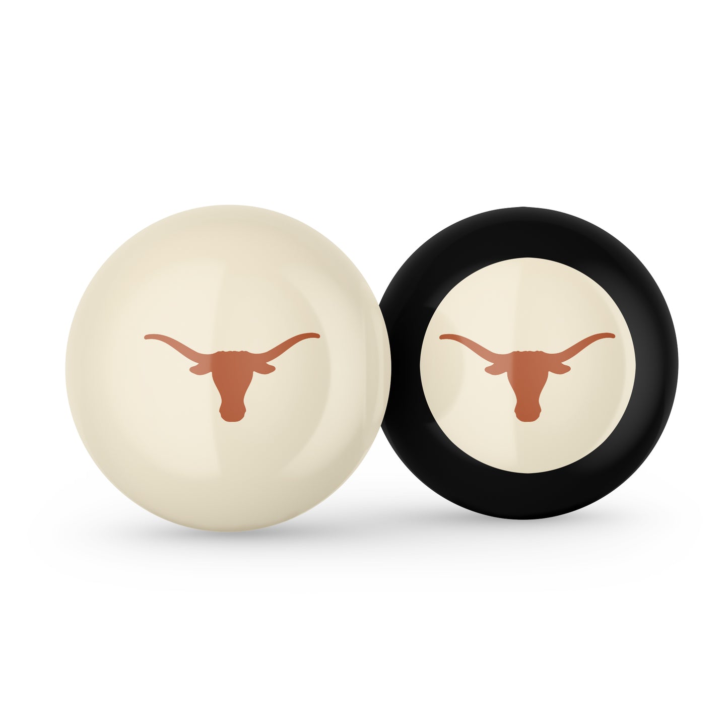 Buy Official Texas-Longhorns-Pool-Cue-8-Ball-Set Regulation Pool Table Cue Ball and 8-Ball Combo Set - Premium Collegiate Billiards Pack Front View