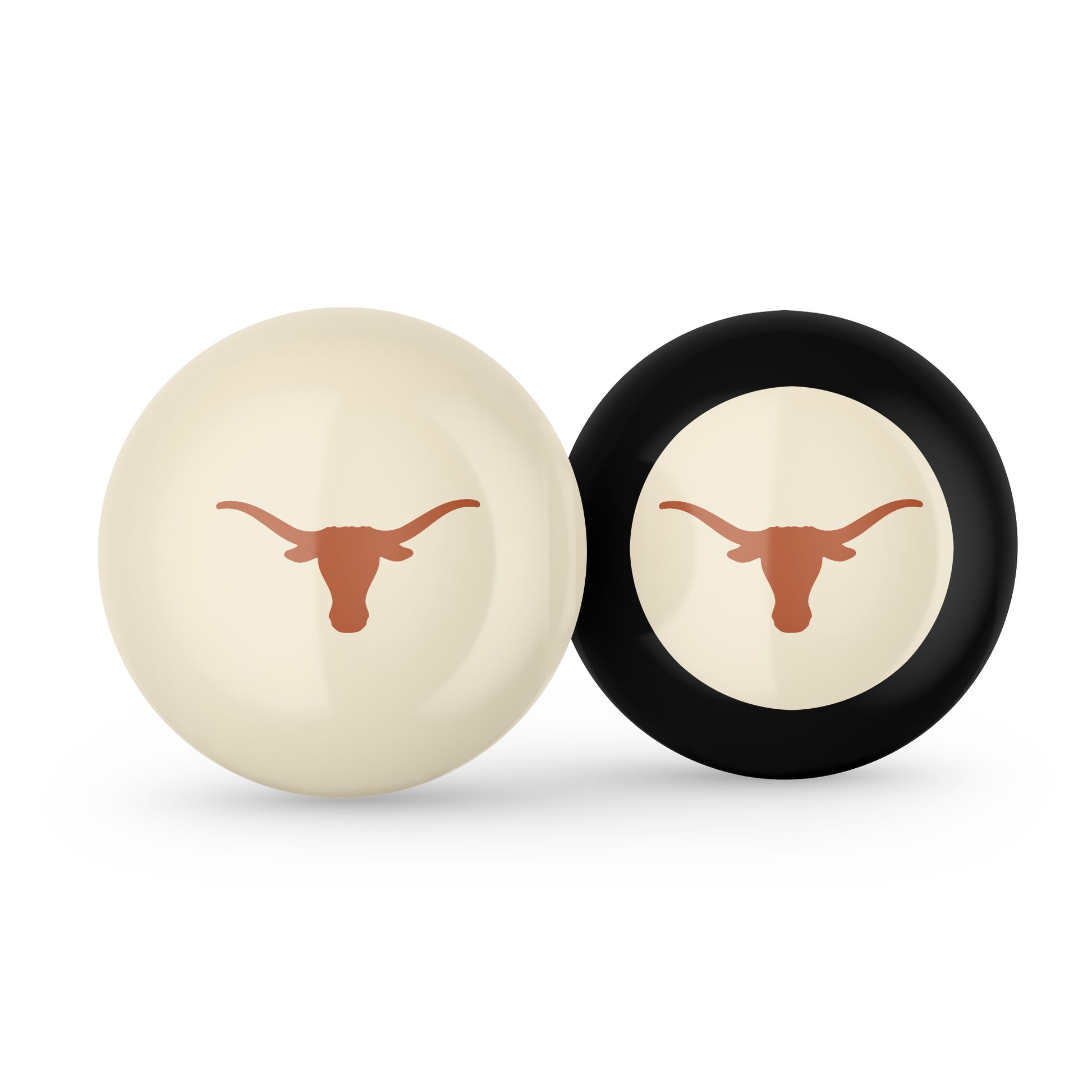 Buy Official Texas-Longhorns-Pool-Cue-8-Ball-Set Regulation Pool Table Cue Ball and 8-Ball Combo Set - Premium Collegiate Billiards Pack Front View