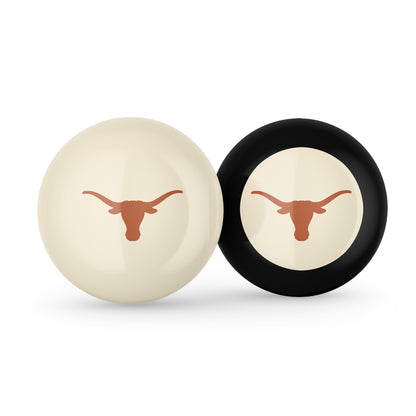 Buy Official Texas-Longhorns-Pool-Cue-8-Ball-Set Regulation Pool Table Cue Ball and 8-Ball Combo Set - Premium Collegiate Billiards Pack Front View