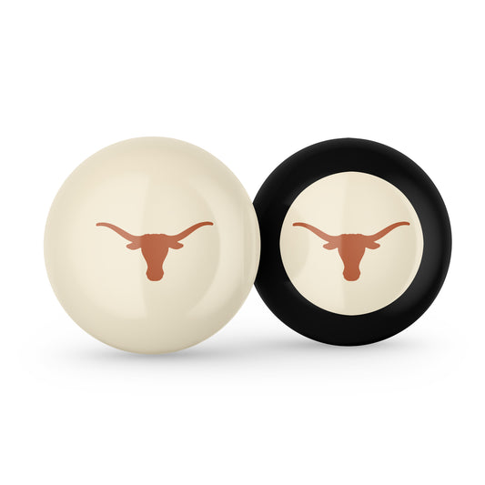 Buy Official Texas-Longhorns-Pool-Cue-8-Ball-Set Regulation Pool Table Cue Ball and 8-Ball Combo Set - Premium Collegiate Billiards Pack Front View