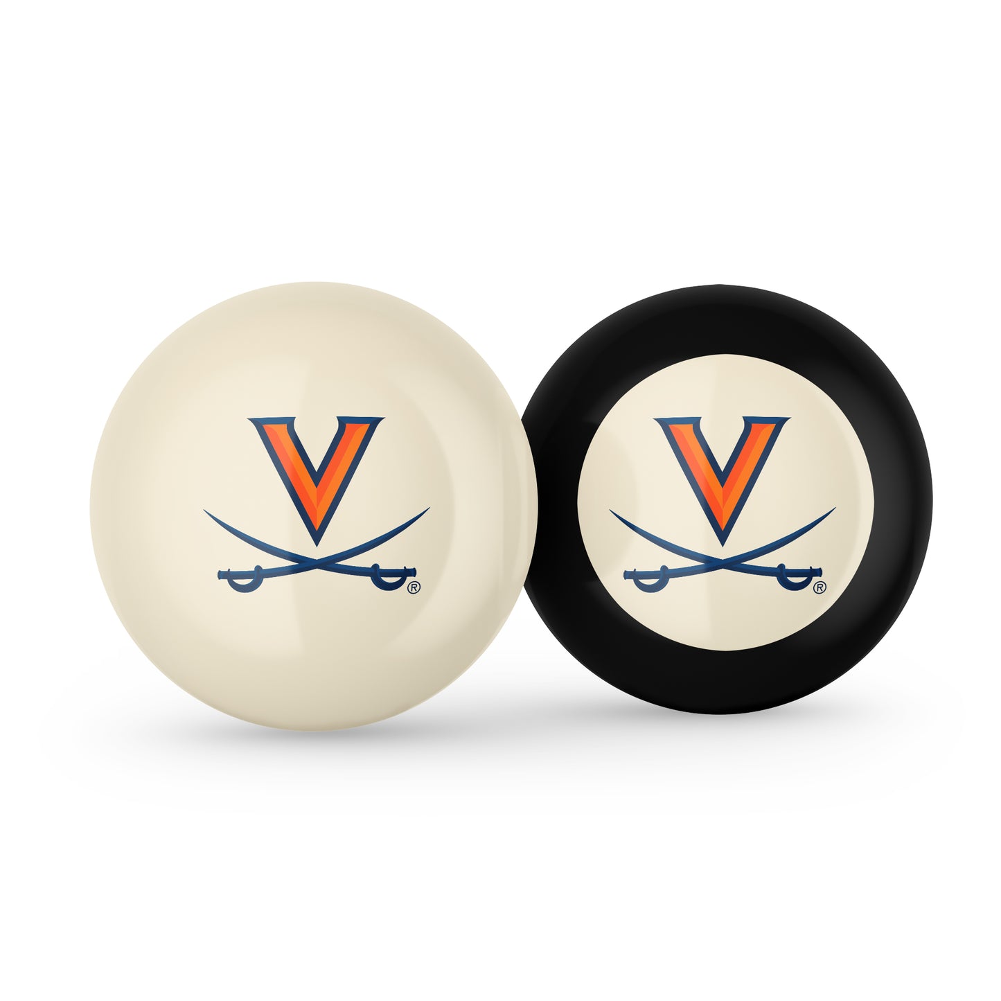 Buy Official Virginia-Cavaliers-Pool-Cue-8-Ball-Set Regulation Pool Table Cue Ball and 8-Ball Combo Set - Premium Collegiate Billiards Pack Front View